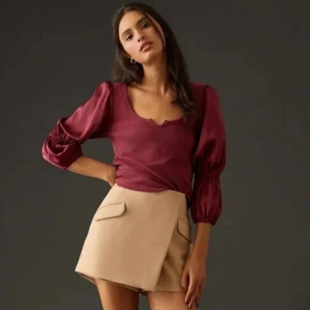 Like new! Anthropologie Maeve Maroon Puff Sleeve Ribbed Top